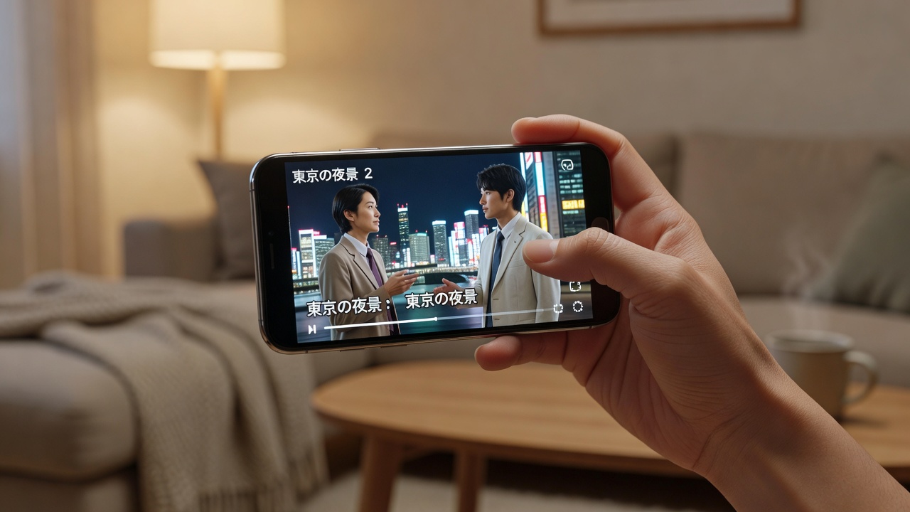 一位用户手持智能手机在看日本影视，画面流畅清晰，手机屏幕显示视频播放界面