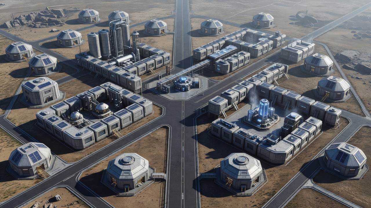 2048核基地俯视图，展示分区式布局的卫星仓库和主干道连接