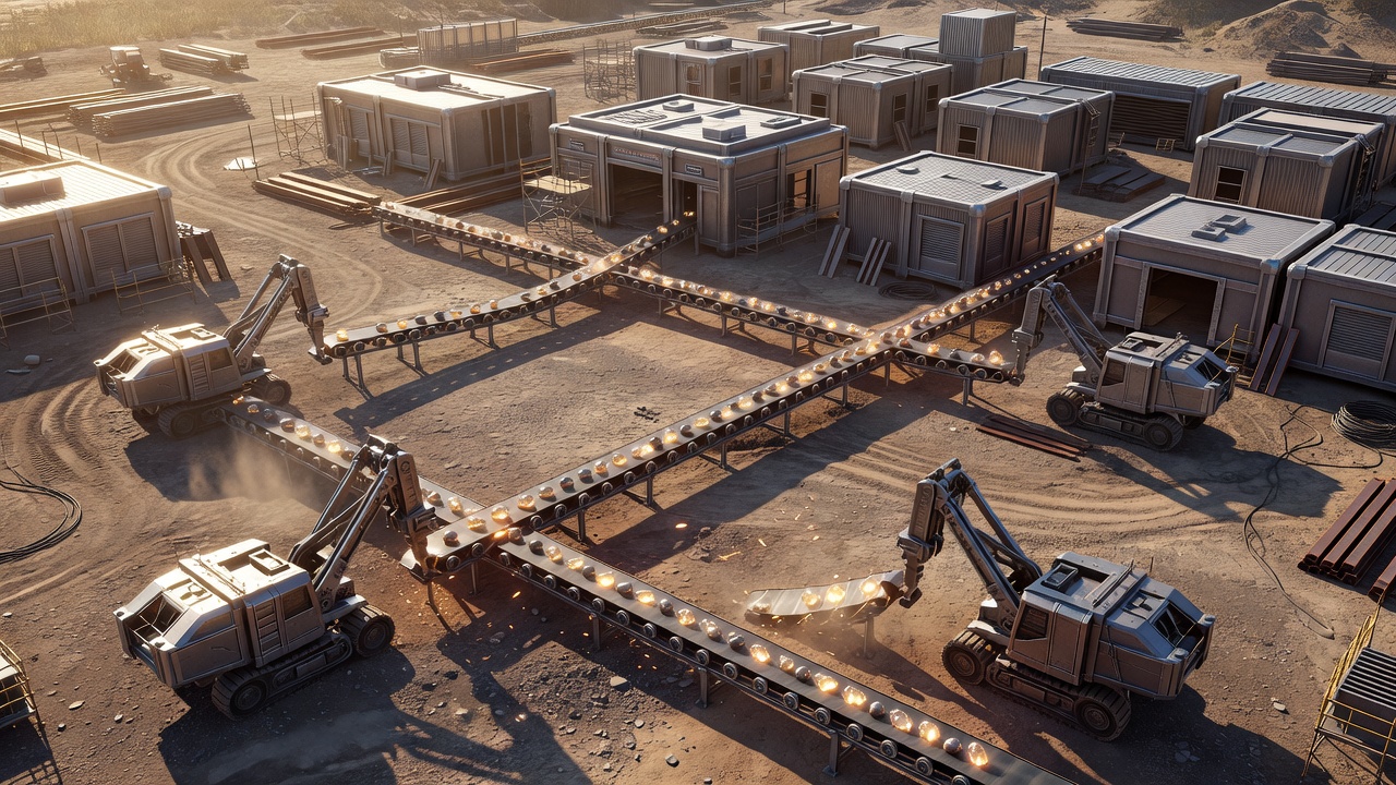 2048核基地游戏早期工业区俯瞰画面，传送带连接矿机和仓库模块，体现资源搬运节奏